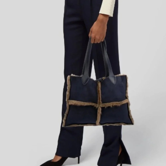 Dennis Basso Faux Suede Faux Fur Shoulder Bag Blue Tie Closure - Picture 11 of 11